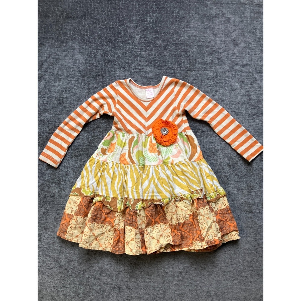Giggle Moon‎ Fit & Flare Dress Baby Girls 4T Multi Striped Rosette Detail Tiered